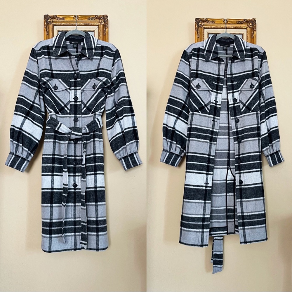 HALOGEN NWOT Gray Plaid Lightweight Wool Flannel Belted Shacket Duster Jacket